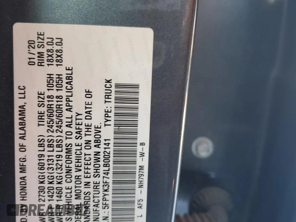 2020 Honda Ridgeline RTL-E z VIN 5FPYK3F74LB002141, wystawiony jako Copart lot #87534955 z przebiegiem 139 030 mil mil oraz Szkoda całkowita • Salvage title. Historia ofert i sprzedaży dostępna na DreamBid. Obrazek 14.