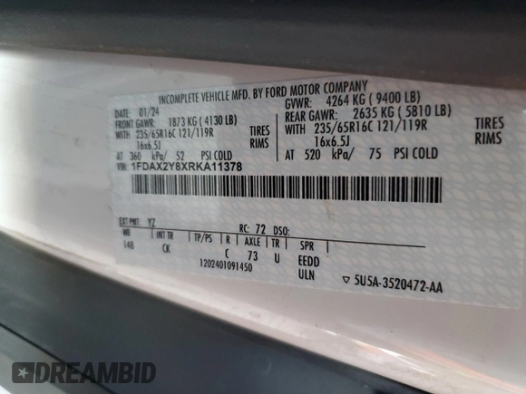 2024 Ford Transit with VIN 1FDAX2Y8XRKA11378, listed as a Copart auction lot 47850025 with 50,278 mi miles and Clean Title. Bid and sale history available at DreamBid. Image 13.