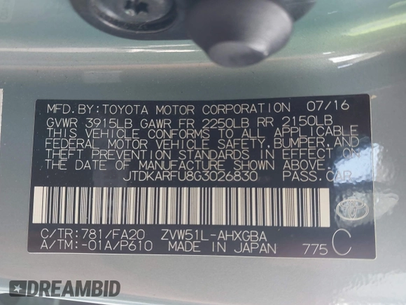 2016 Toyota Prius Four z VIN JTDKARFU8G3026830, wystawiony jako IAAI lot #41915928 z przebiegiem 64 409 mil mil oraz . Historia ofert i sprzedaży dostępna na DreamBid. Obrazek 9.