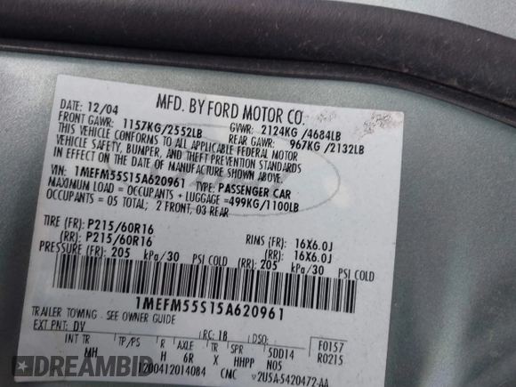 2005 Mercury Sable LS with VIN 1MEFM55S15A620961, listed as a IAAI auction lot 41532350 with 138,624 mi miles and . Bid and sale history available at DreamBid. Image 9.