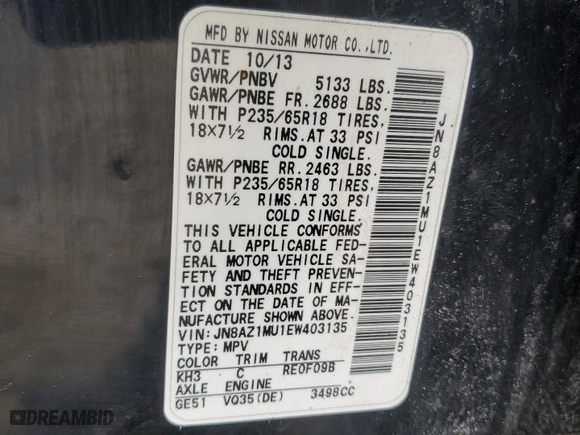 2014 Nissan Murano SV with VIN JN8AZ1MU1EW403135, listed as a Copart auction lot 48060925 with 189,440 mi miles and Clean Title. Bid and sale history available at carsss.com. Image 12.