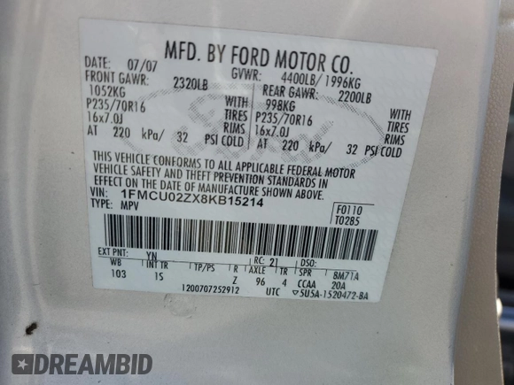 2008 Ford Escape XLS z VIN 1FMCU02ZX8KB15214, wystawiony jako Copart lot #53585195 z przebiegiem 241 310 mil mil oraz Szkoda całkowita • Salvage title. Historia ofert i sprzedaży dostępna na DreamBid. Obrazek 12.