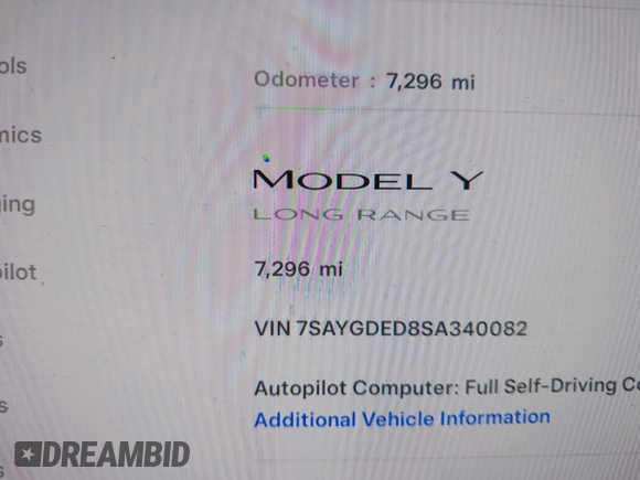 2025 Tesla Model Y Long Range with VIN 7SAYGDED8SA340082, listed as a IAAI auction lot 41915369 with 7,296 mi miles and . Bid and sale history available at DreamBid. Image 16.