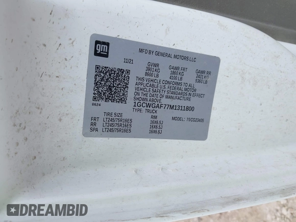 2021 Chevrolet Express Cargo with VIN 1GCWGAF77M1311800, listed as a IAAI auction lot 42103646 with 129,732 mi miles and . Bid and sale history available at DreamBid. Image 9.