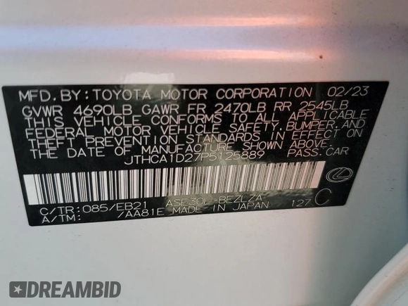 2023 Lexus IS 300 with VIN JTHCA1D27P5125889, listed as a Copart auction lot 50439775 with 2,192 mi miles and Non repairable. Bid and sale history available at DreamBid. Image 14.