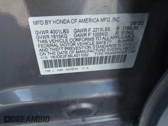 2020 Acura ILX with VIN 19UDE2F36LA011052, listed as a IAAI auction lot 42606110 with 86,744 mi miles and . Bid and sale history available at DreamBid. Image 9.