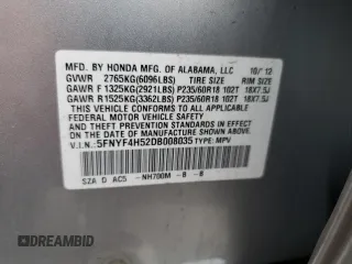 2013 Honda Pilot EX-L with VIN 5FNYF4H52DB008035, listed as a Copart auction lot 53249375 with 110,465 mi miles and Salvage Title. Bid and sale history available at carsss.com. Image 14.