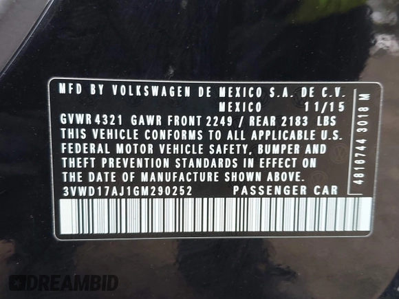 2016 Volkswagen Jetta Sport z VIN 3VWD17AJ1GM290252, wystawiony jako IAAI lot #41947953 z przebiegiem 125 484 mil mil oraz . Historia ofert i sprzedaży dostępna na DreamBid. Obrazek 9.