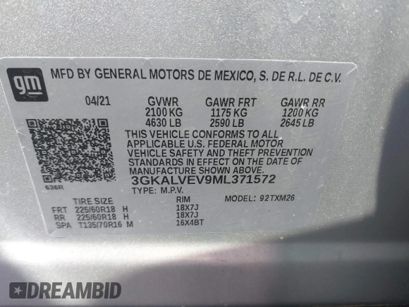 2021 GMC Terrain SLT with VIN 3GKALVEV9ML371572, listed as a IAAI auction lot 41173091 with 59,250 mi miles and . Bid and sale history available at carsss.com. Image 9.