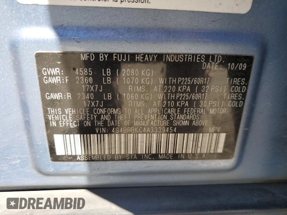 2010 Subaru Outback Limited Power Moon with VIN 4S4BRBKC4A3339454, listed as a Copart auction lot 58413915 with 151,723 mi miles and Salvage title. Bid and sale history available at DreamBid. Image 13.