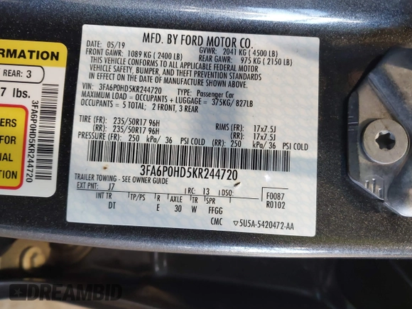 2019 Ford Fusion SE with VIN 3FA6P0HD5KR244720, listed as a IAAI auction lot 41845516 with 57,124 mi miles. Bid and sale history available at carsss.com. Image 9.