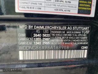 2008 Mercedes-Benz S-Class 5.5L V8 with VIN WDDNG86X98A188968, listed as a Copart auction lot 54815655 with 187,815 mi miles and Clean Title. Bid and sale history available at carsss.com. Image 12.