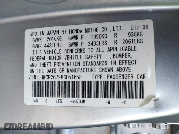 2008 Honda Accord EX with VIN JHMCP26798C051658, listed as a IAAI auction lot 41841932 with 108,778 mi miles and . Bid and sale history available at DreamBid. Image 9.