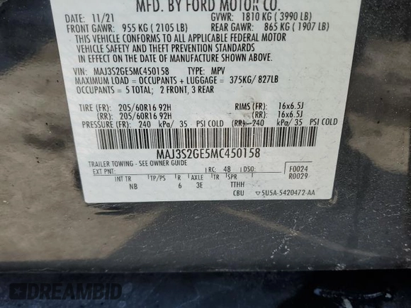 2021 Ford EcoSport SE with VIN MAJ3S2GE5MC450158, listed as a Copart auction lot 45462455 with 44,844 mi miles and Clean title. Bid and sale history available at DreamBid. Image 12.