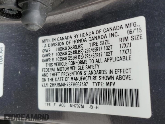 2015 Honda CR-V EX-L with VIN 2HKRM4H73FH667497, listed as a Copart auction lot 51910525 with 117,443 mi miles and Salvage Title. Bid and sale history available at carsss.com. Image 13.
