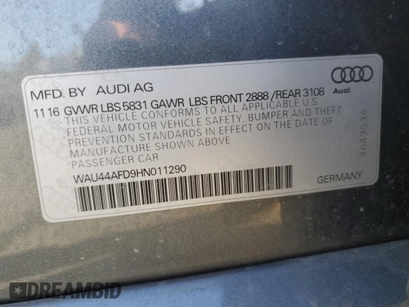 2017 Audi A8 with VIN WAU44AFD9HN011290, listed as a Copart auction lot 45594565 with 59,720 mi miles and Salvage Title. Bid and sale history available at DreamBid. Image 12.