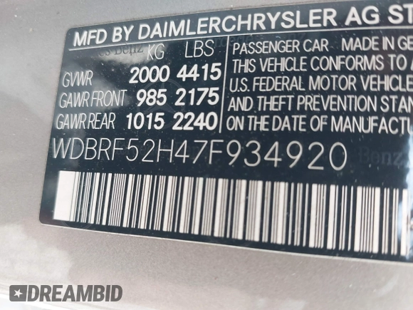 2007 Mercedes-Benz C 230 Sport with VIN WDBRF52H47F934920, listed as a IAAI auction lot 42480555 with 169,508 mi miles and . Bid and sale history available at DreamBid. Image 9.
