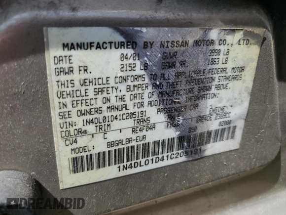 2001 Nissan Altima GXE with VIN 1N4DL01D41C205191, listed as a Copart auction lot 57157734 with 120,600 mi miles and Salvage Title. Bid and sale history available at carsss.com. Image 13.