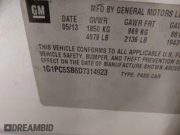2013 Chevrolet Cruze 1LT with VIN 1G1PC5SB6D7314923, listed as a IAAI auction lot 42071232 with 105,918 mi miles and . Bid and sale history available at DreamBid. Image 9.