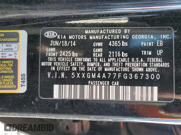 2015 Kia Optima LX with VIN 5XXGM4A77FG367300, listed as a Copart auction lot 49501755 with 101,104 mi miles and Salvage Title. Bid and sale history available at carsss.com. Image 12.