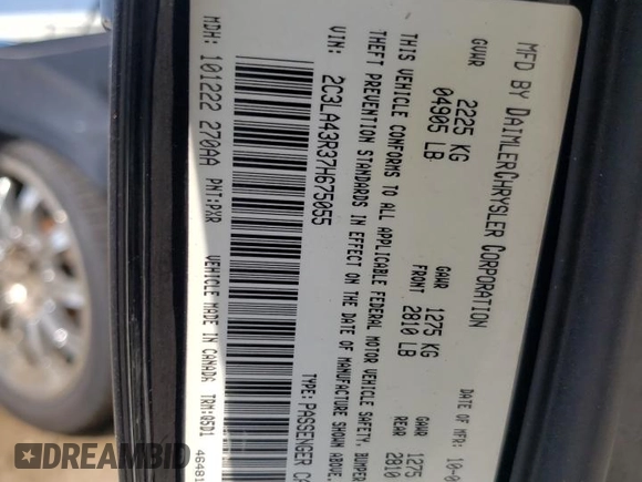 2007 Chrysler 300 with VIN 2C3LA43R37H675055, listed as a Copart auction lot 54422885 with 155,417 mi miles and Salvage Title. Bid and sale history available at DreamBid. Image 12.