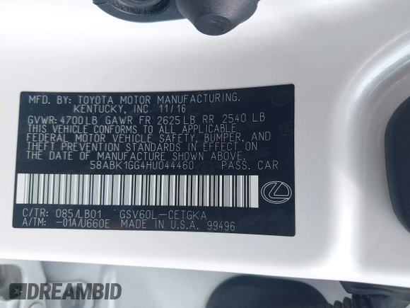 2017 Lexus ES 350 with VIN 58ABK1GG4HU044460, listed as a IAAI auction lot 42271414 with 80,318 mi miles and . Bid and sale history available at DreamBid. Image 9.