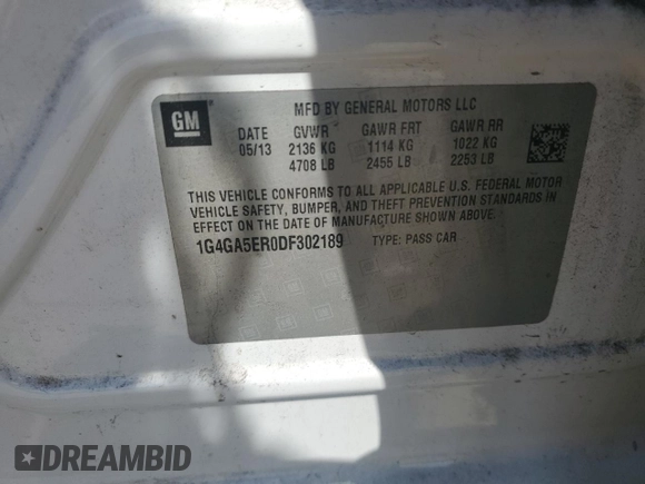 2013 Buick LaCrosse with VIN 1G4GA5ER0DF302189, listed as a Copart auction lot 54475545 with 157,615 mi miles and Salvage Title. Bid and sale history available at DreamBid. Image 12.