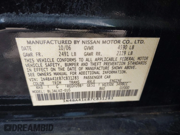 2007 Nissan Maxima 3.5 SL with VIN 1N4BA41E87C831283, listed as a IAAI auction lot 42045445 with 167,963 mi miles. Bid and sale history available at carsss.com. Image 9.