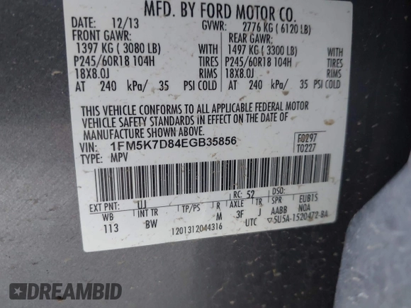 2014 Ford Explorer XLT с VIN 1FM5K7D84EGB35856, выставлен на аукционе IAAI как лот 41958386 с пробегом 88 605 миль миль и . История ставок и продаж доступна на DreamBid. Изображение 9.