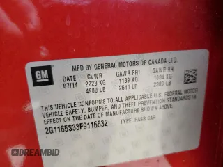2015 Chevrolet Impala LTZ с VIN 2G1165S33F9116632, выставлен на аукционе Copart как лот 59595795 с пробегом 73 863 миль миль и Списание • Salvage title. История ставок и продаж доступна на DreamBid. Изображение 13.