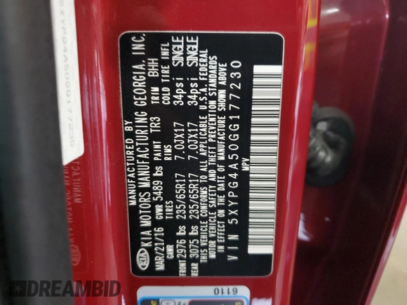 2016 Kia Sorento LX with VIN 5XYPG4A50GG177230, listed as a Copart auction lot 83551084 with 93,465 mi miles and Salvage Title. Bid and sale history available at carsss.com. Image 14.