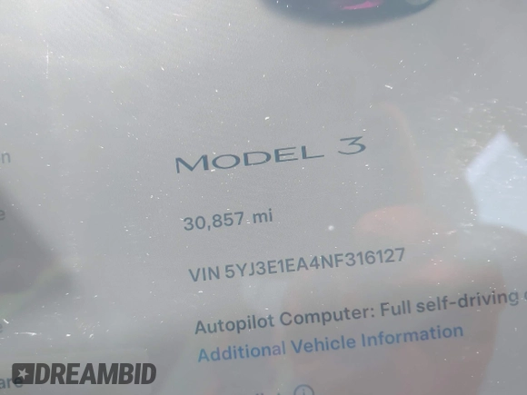 2022 Tesla Model 3 with VIN 5YJ3E1EA4NF316127, listed as a IAAI auction lot 41939191 with 30,857 mi miles. Bid and sale history available at carsss.com. Image 15.