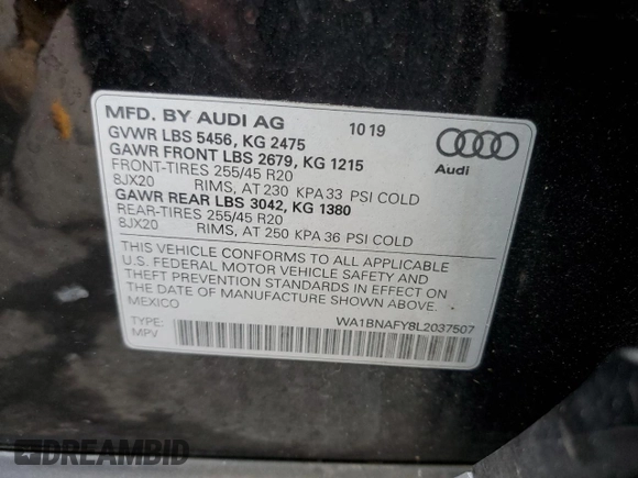 2020 Audi Q5 Premium Plus with VIN WA1BNAFY8L2037507, listed as a Copart auction lot 64970992 with 33,525 mi miles. Bid and sale history available at carsss.com. Image 10.