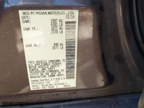 2014 Nissan Altima 3.5 SL with VIN 1N4BL3AP3EC279615, listed as a IAAI auction lot 41662701 with 81,279 mi miles. Bid and sale history available at carsss.com. Image 9.