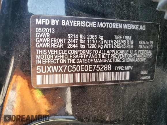 2014 BMW X3 xDrive35i with VIN 5UXWX7C50E0E75288, listed as a Copart auction lot 54365825 with Not Provided miles and Salvage Title. Bid and sale history available at DreamBid. Image 12.