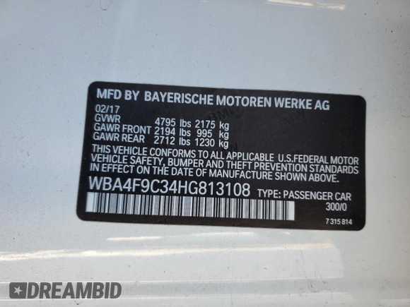 2017 BMW 4 Series 430i xDrive with VIN WBA4F9C34HG813108, listed as a Copart auction lot 42123645 with 55,417 mi miles and Salvage title. Bid and sale history available at DreamBid. Image 13.