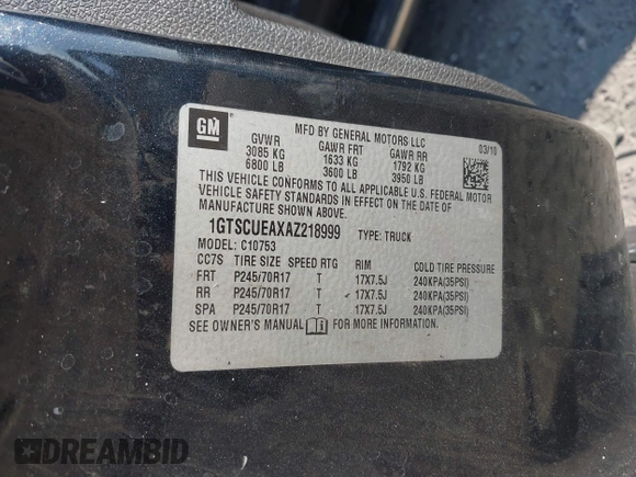 2010 GMC Sierra 1500 with VIN 1GTSCUEAXAZ218999, listed as a IAAI auction lot 41443773 with Not Provided miles and . Bid and sale history available at DreamBid. Image 9.