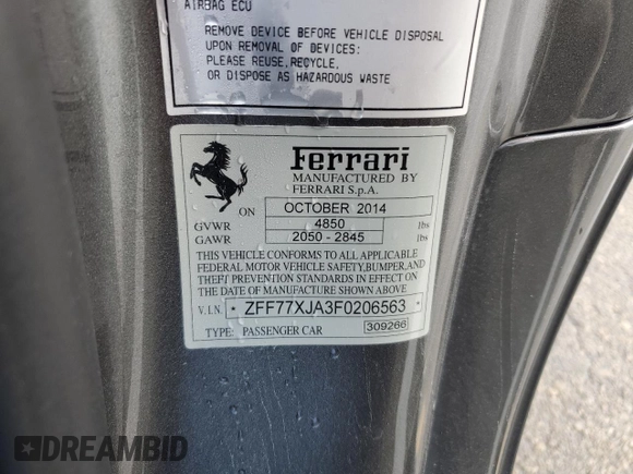 2015 Ferrari California T с VIN ZFF77XJA3F0206563, выставлен на аукционе Copart как лот 73751534 с пробегом Не указан миль и Списание • Salvage title. История ставок и продаж доступна на DreamBid. Изображение 12.