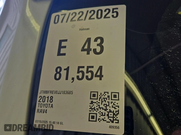 2018 Toyota RAV4 LE with VIN JTMBFREV0JJ183685, listed as a IAAI auction lot 42774230 with 81,554 mi miles and . Bid and sale history available at DreamBid. Image 41.