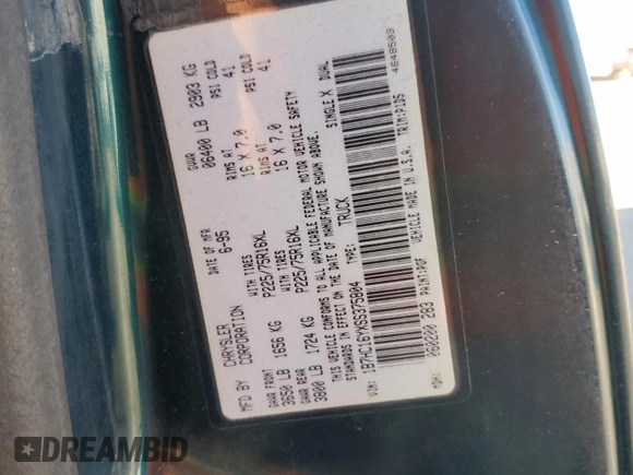 1995 Dodge 1500 z VIN 1B7HC16YXSS375804, wystawiony jako Copart lot #83647504 z przebiegiem 218 858 mil mil oraz Szkoda całkowita • Salvage title. Historia ofert i sprzedaży dostępna na DreamBid. Obrazek 12.