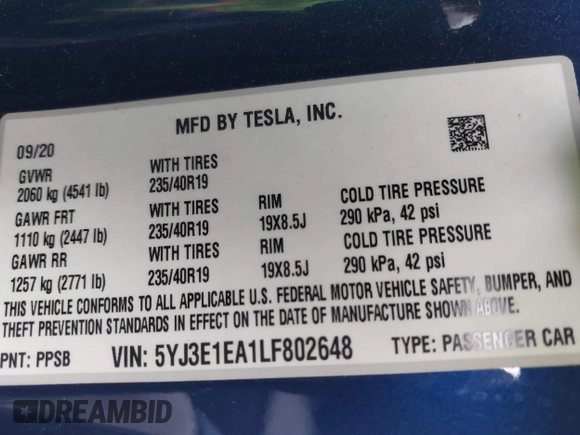 2020 Tesla Model 3 Standard Range Plus with VIN 5YJ3E1EA1LF802648, listed as a IAAI auction lot 42208034 with 27,231 mi miles and . Bid and sale history available at DreamBid. Image 9.