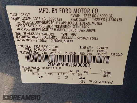 2018 Ford Flex Limited with VIN 2FMGK5D82JBA00003, listed as a IAAI auction lot 41853496 with 43,105 mi miles. Bid and sale history available at carsss.com. Image 9.