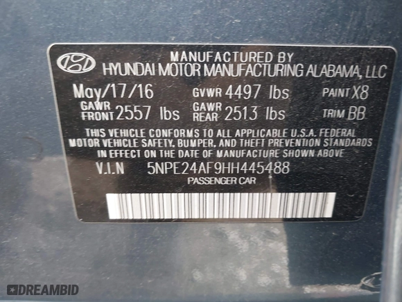 2017 Hyundai Sonata SE with VIN 5NPE24AF9HH445488, listed as a IAAI auction lot 41058868 with 146,812 mi miles. Bid and sale history available at carsss.com. Image 9.