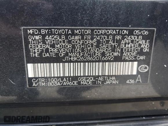 2006 Lexus IS 250 z VIN JTHBK262862016692, wystawiony jako Copart lot #57994885 z przebiegiem 181 055 mil mil oraz Szkoda całkowita • Salvage title. Historia ofert i sprzedaży dostępna na DreamBid. Obrazek 12.