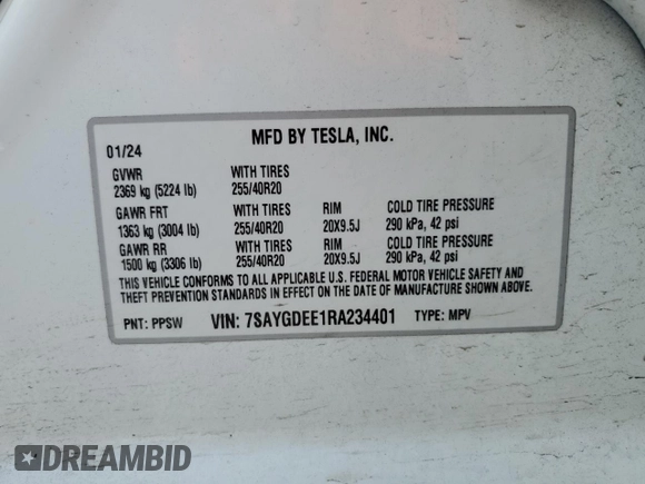 2024 Tesla Model Y Long Range with VIN 7SAYGDEE1RA234401, listed as a Copart auction lot 44199495 with 17,900 mi miles and Clean Title. Bid and sale history available at DreamBid. Image 14.