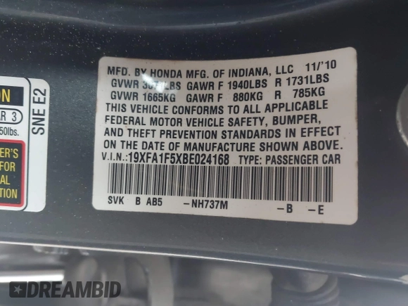 2011 Honda Civic LX with VIN 19XFA1F5XBE024168, listed as a IAAI auction lot 41801157 with 173,340 mi miles and . Bid and sale history available at DreamBid. Image 9.