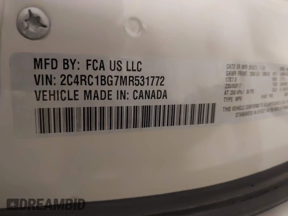 2021 Chrysler Pacifica Touring L with VIN 2C4RC1BG7MR531772, listed as a IAAI auction lot 41834392 with 156,123 mi miles and . Bid and sale history available at DreamBid. Image 9.