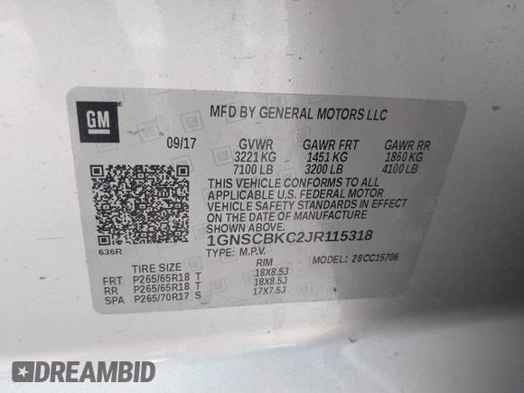 2018 Chevrolet Tahoe LT with VIN 1GNSCBKC2JR115318, listed as a IAAI auction lot 41809253 with 107,217 mi miles and . Bid and sale history available at DreamBid. Image 9.