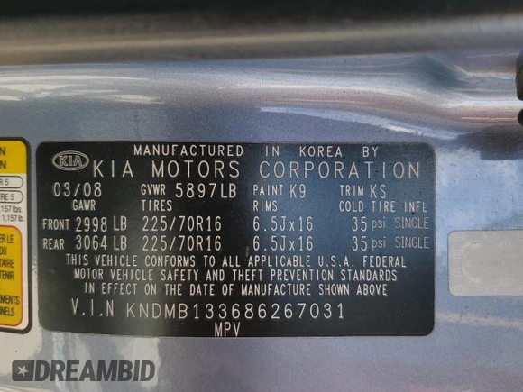 2008 Kia Sedona with VIN KNDMB133686267031, listed as a Copart auction lot 69464784 with 160,358 mi miles and Salvage Title. Bid and sale history available at carsss.com. Image 13.