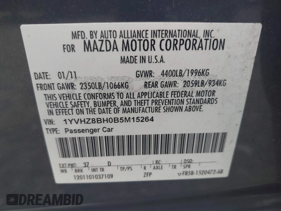 2011 Mazda 6 i Sport with VIN 1YVHZ8BH0B5M15264, listed as a IAAI auction lot 42655076 with 113,357 mi miles and . Bid and sale history available at DreamBid. Image 9.
